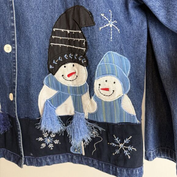 Vintage Karen Hart Womens Large Snowman Denim Jacket Winter GrandmaCore 90s - Picture 2 of 11